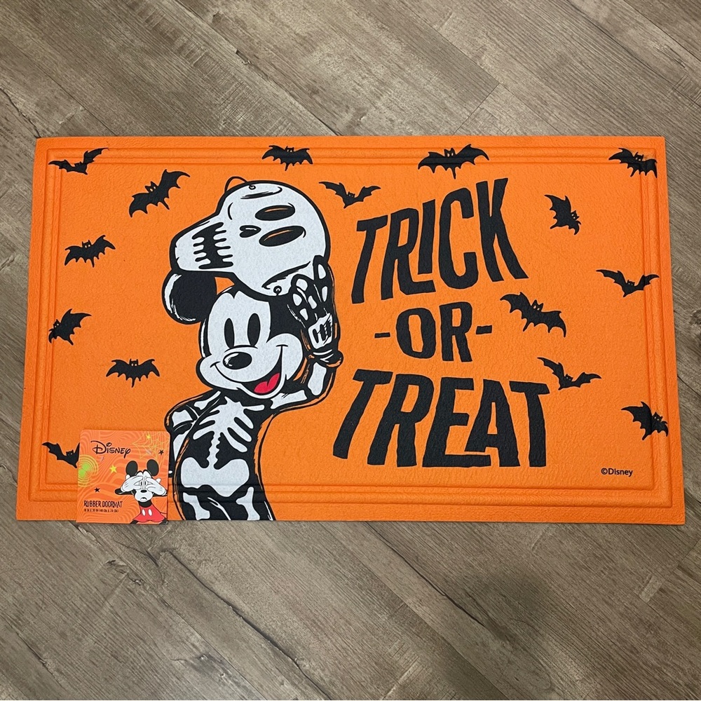 NEW Disney‎ Mickey Mouse Halloween Rubber Doormat Trick Or Treat Skeleton Orange